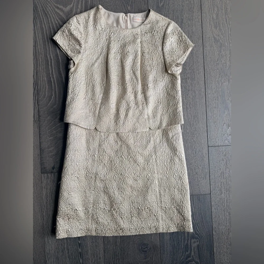 Tory Burch Brielle Metallic Silver Brocade Two Piece Dress in Sandshell Size 6